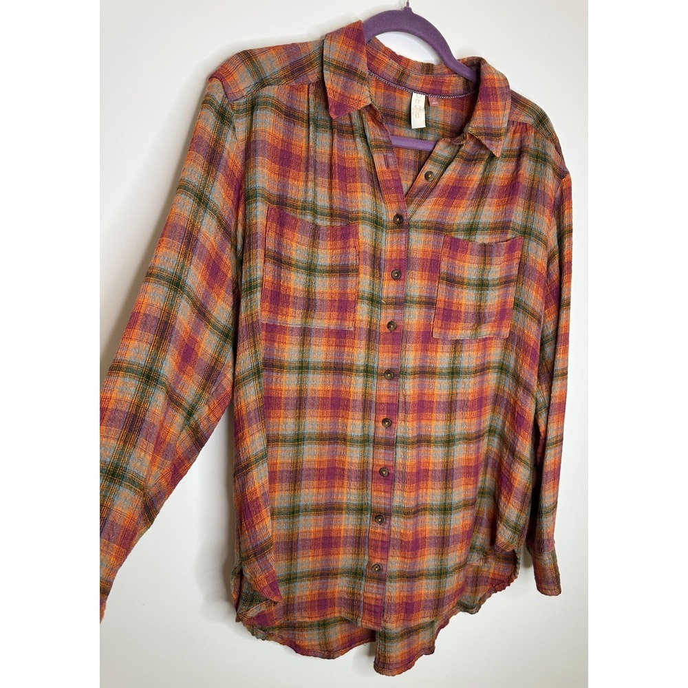 Pilcro Plaid Button Down Shirt Medium Long Sleeve Pockets Orange Purple Anthro - Picture 3 of 13